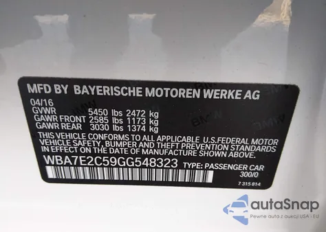 2016 BMW 740I из США, поврежденный, VIN WBA7E2C59GG548323